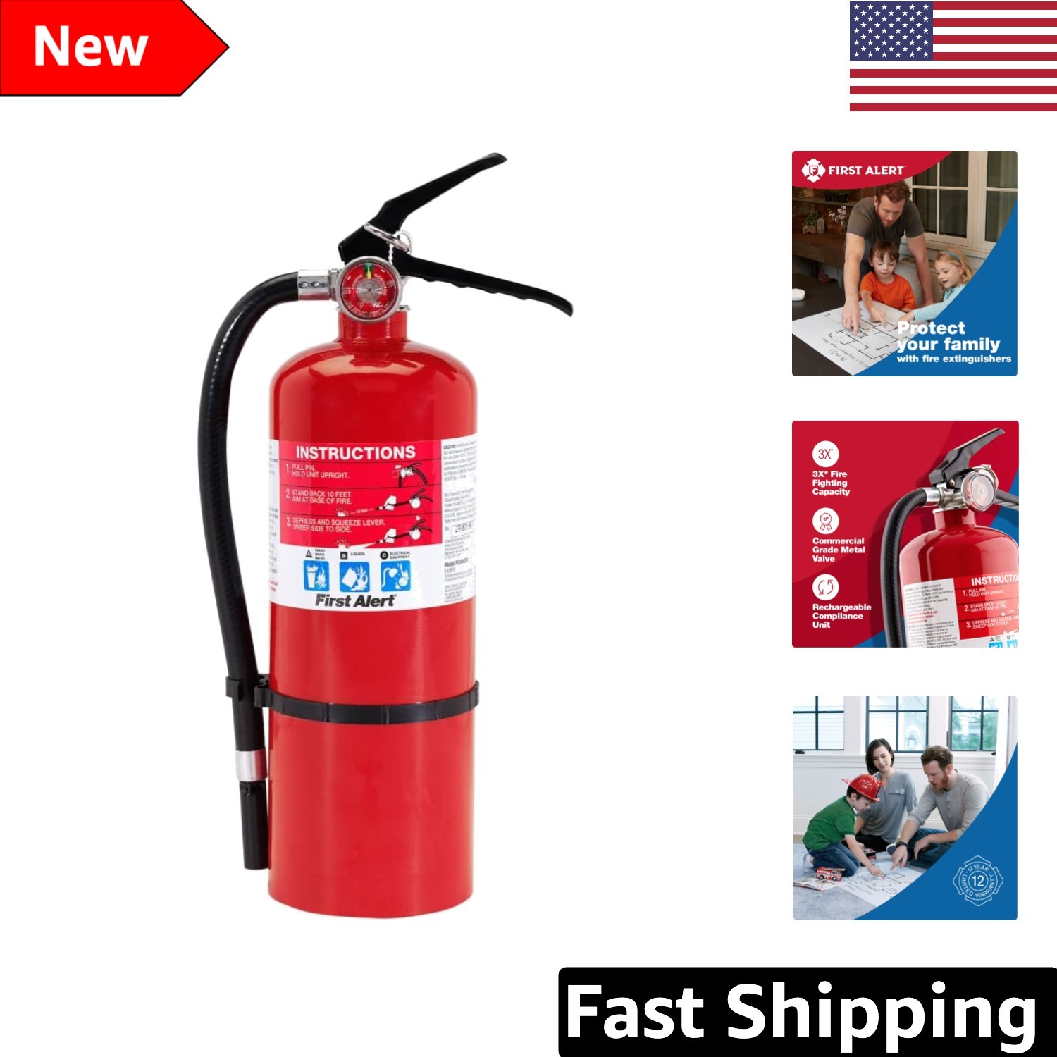 Rechargeable Heavy Duty Fire Extinguisher - Red, Metal, Ideal for Homes/Offices