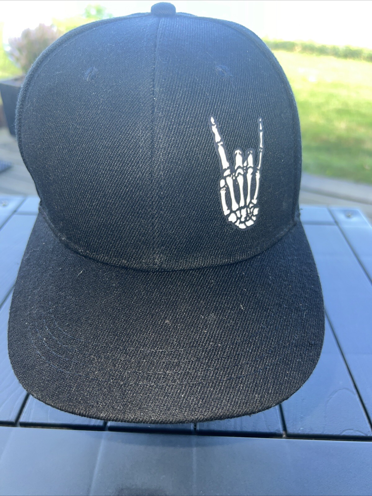 ‘Rock On” Skeleton Hand White on Black Hat Cap Unbranded Hook Loop