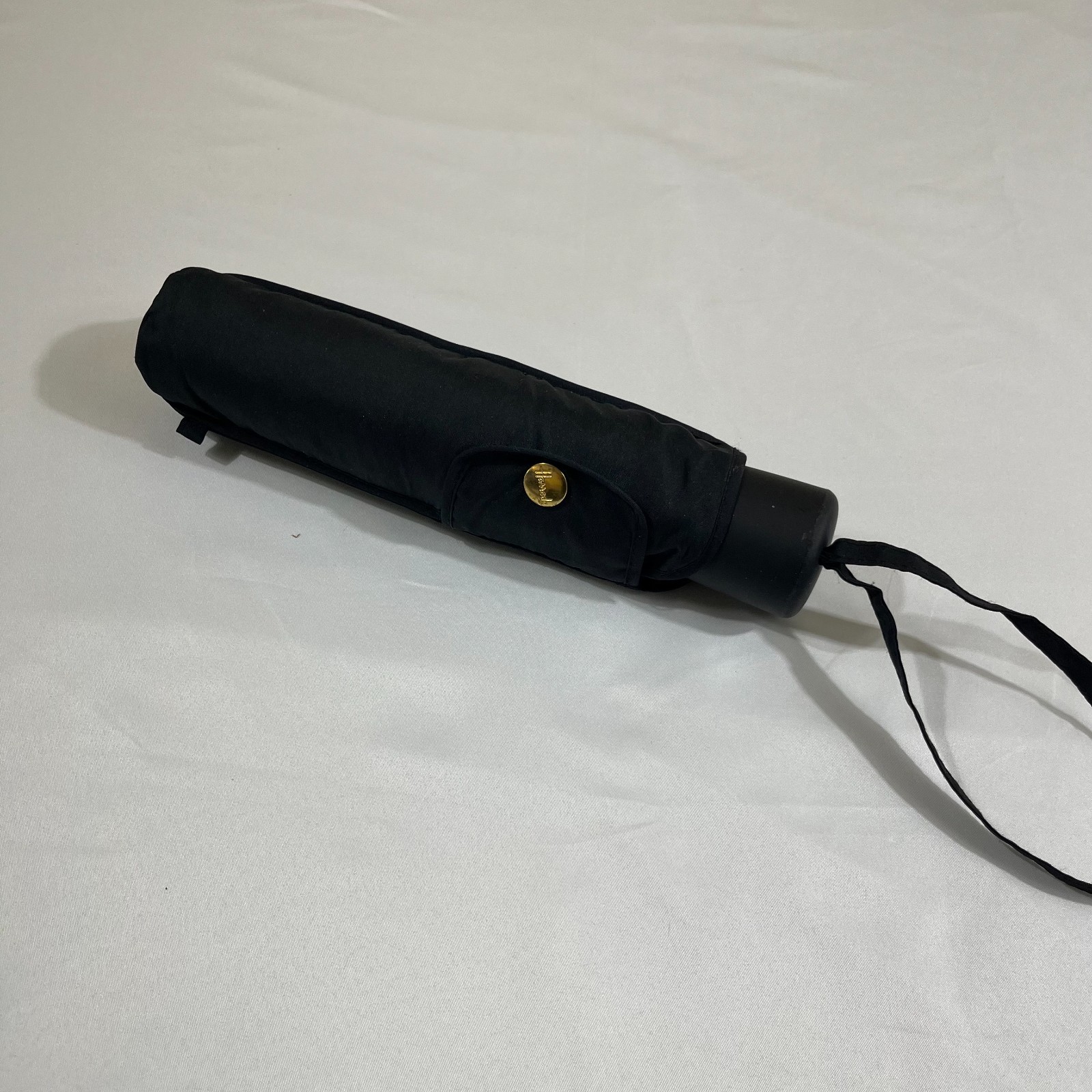 Harrods London Compact Travel Umbrella Black Gold Logo Snap Case Foldable
