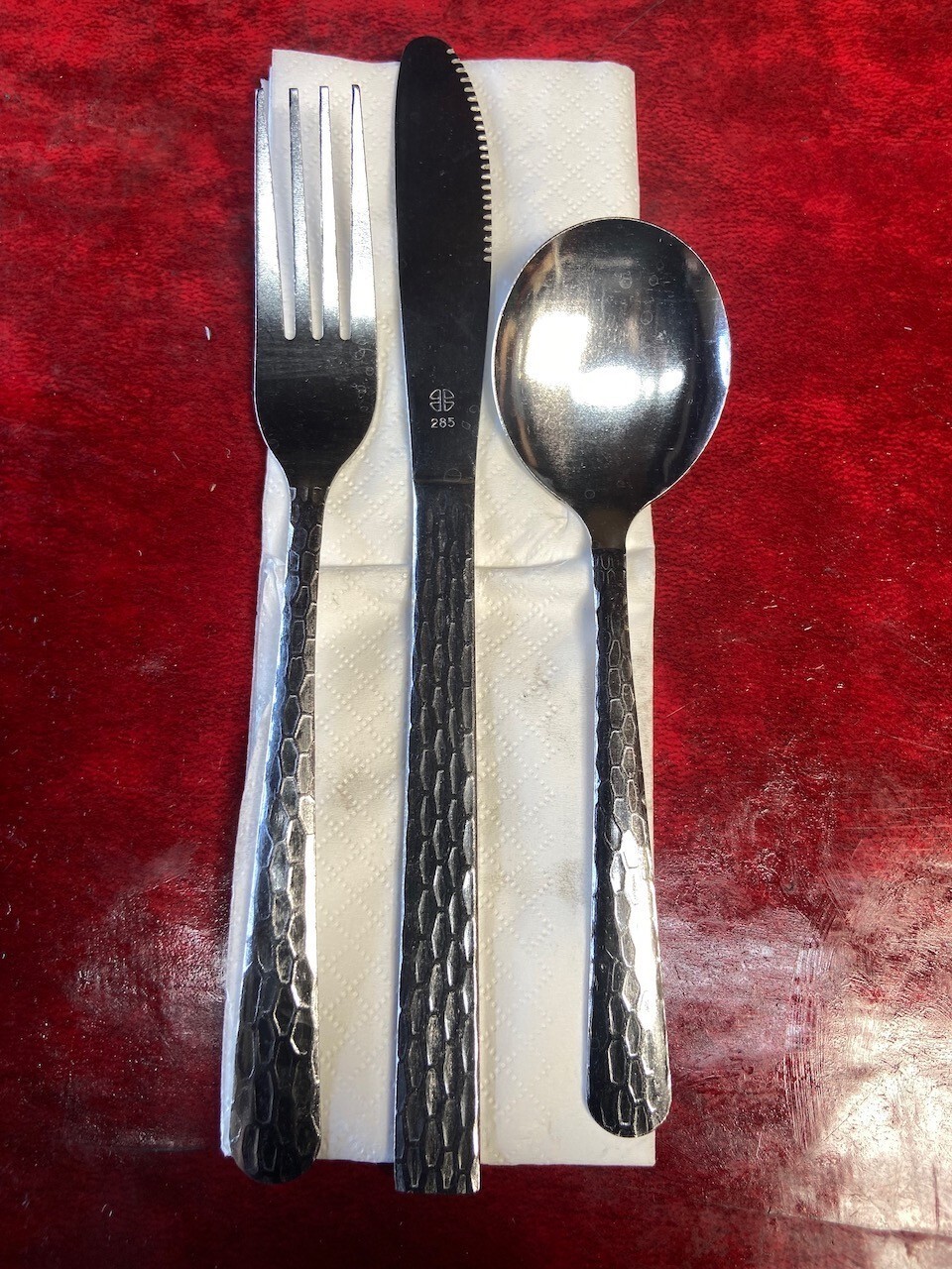 Packaged Metal 4 Piece Flat Silver Ware Set Fork Knife Spoon Napkin World 9772