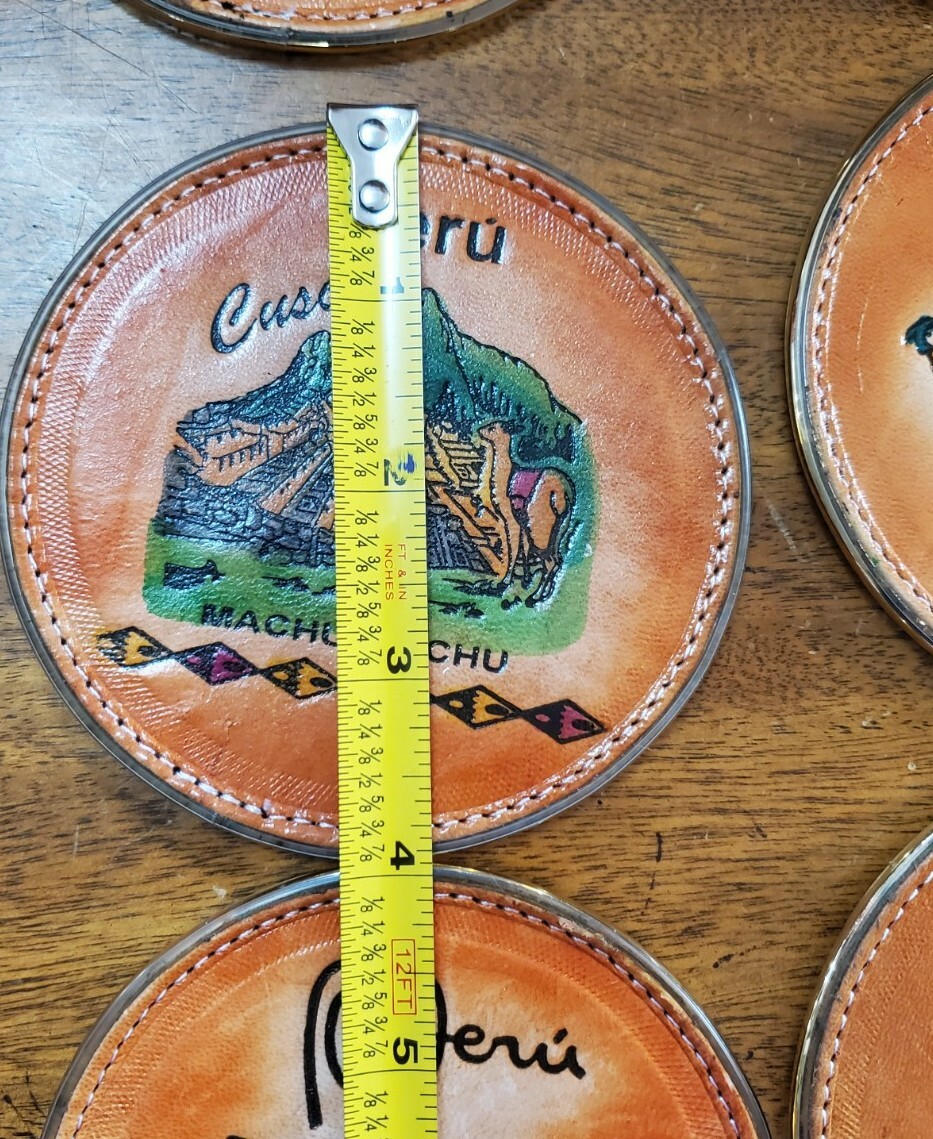 Cusco Peru Tooled painted Leather Coaster Set 6 Each 4” W/ Holder