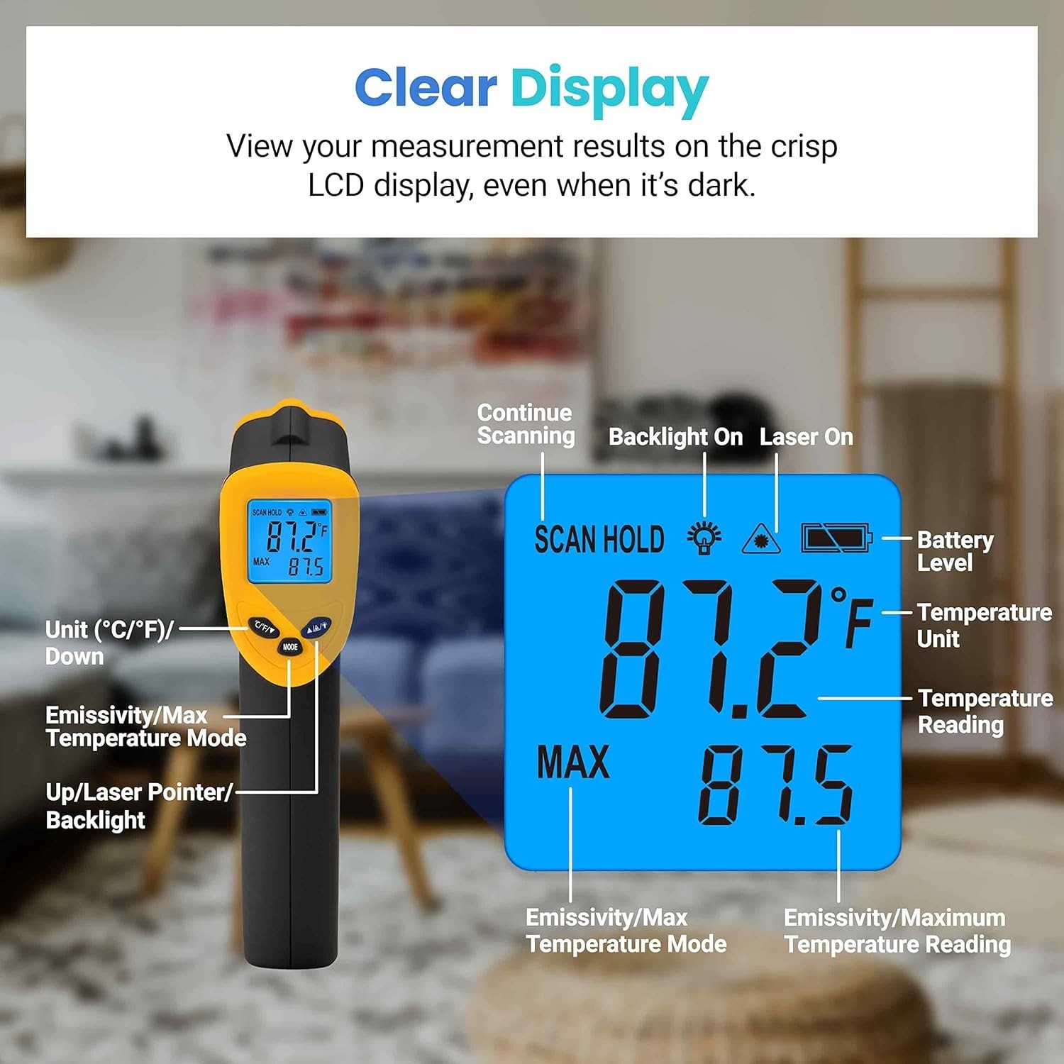 Versatile Non-Contact Temperature Gun for BBQ, Food, and Home Use - 12:1 Ratio