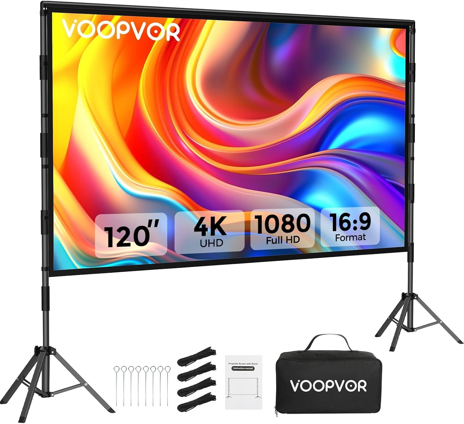VOOPVOR 120 inch Portable Projector Screen w/ Stand 16:9 4K HD Wrinkle-Free +Bag