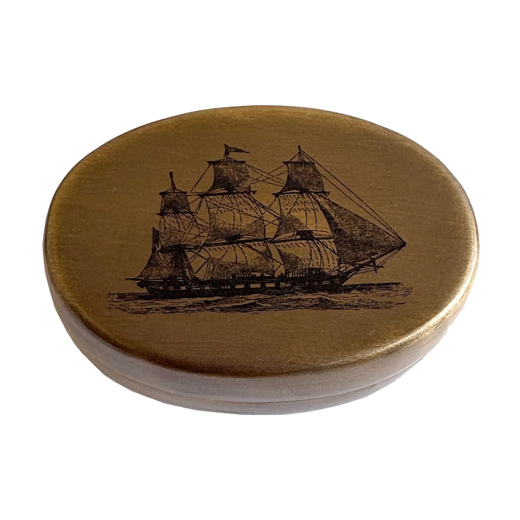 3" Sailing Ship Pill Box, Tobacco Box, Antiqued Brass