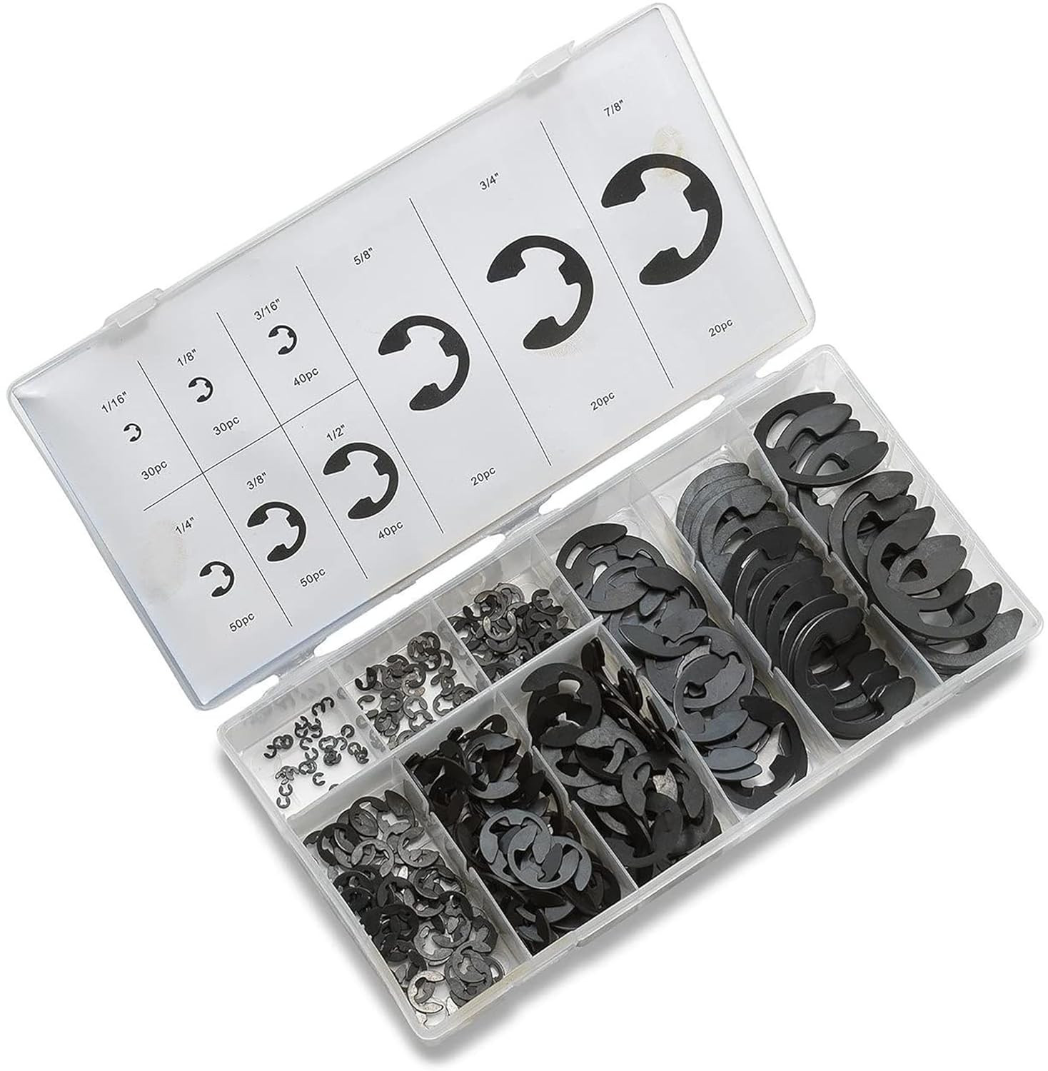 50455A E-Clip Assortment Set | 300 PCS, 9 SAE Sizes, Heat Treated Externa
