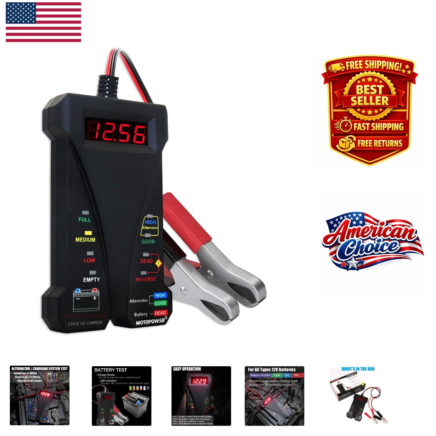 Advanced 12V Battery and Alternator Tester with LCD & LED Indicators, 50cm Cable