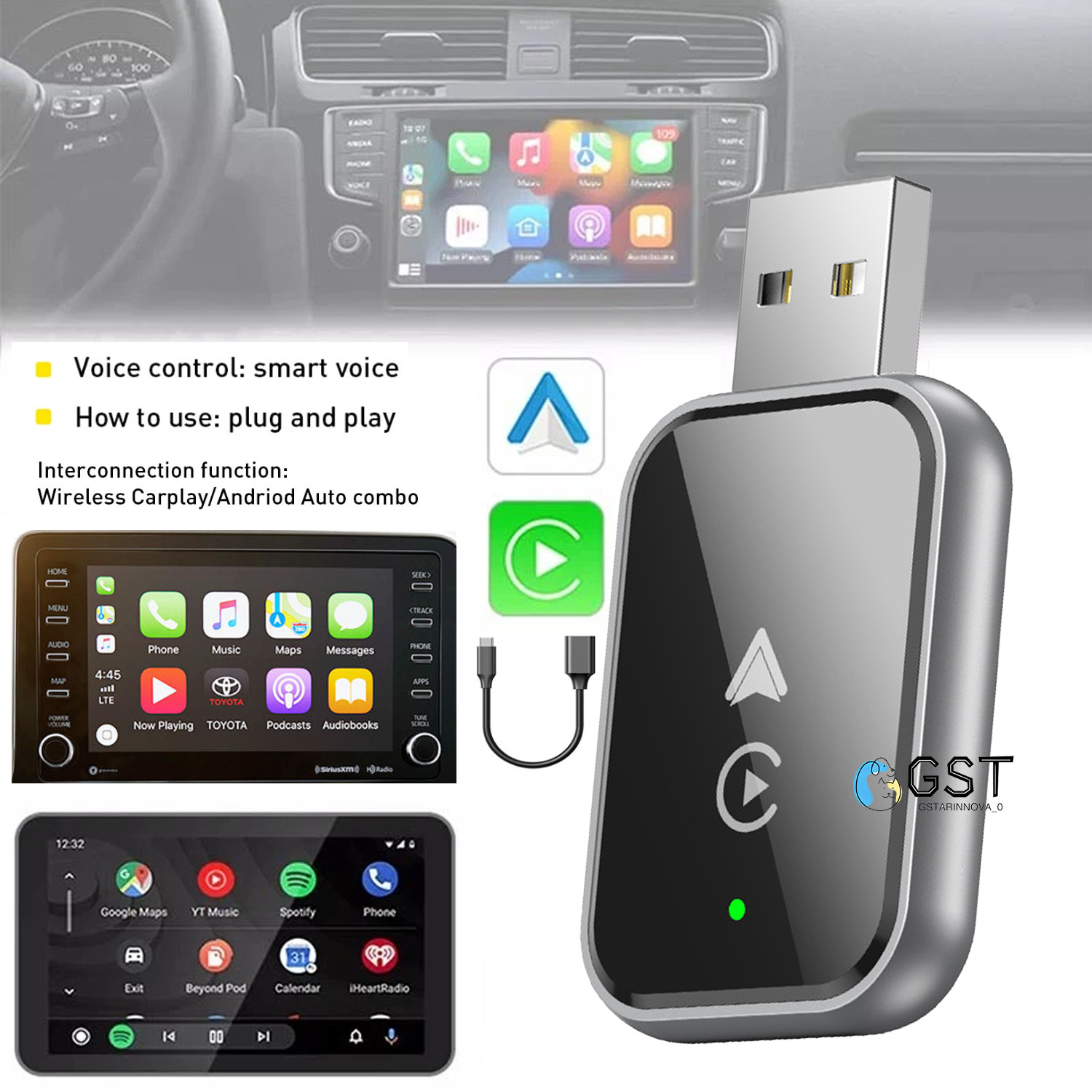 2IN1 Android Auto Wireless CarPlay Adapter Dongle for Android 11+ Converts Wired