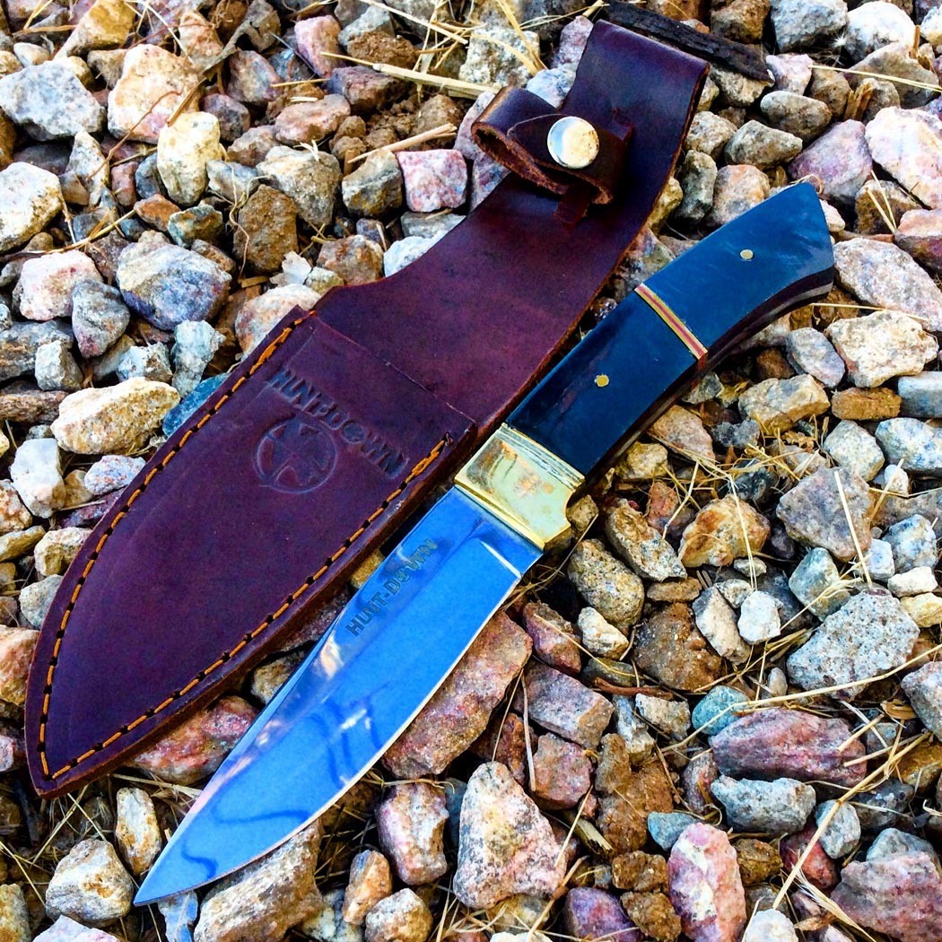 8.5"" Huntdown Full Tang Knife with Black Stainless Steel Blade & Leather Sheath