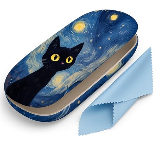 Hard Shell Eyeglasses Case, Travel Portable Protective Glasses Black Cat Sky