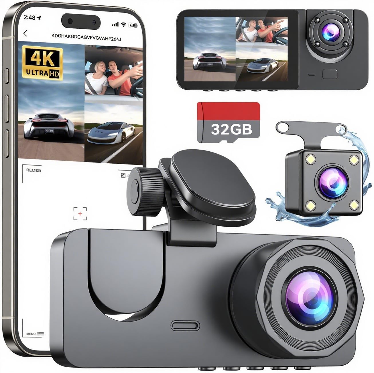 Dash Cam Front and Rear Inside,4K Full HD 3 Channel Dash Camera for Cars, Free 3