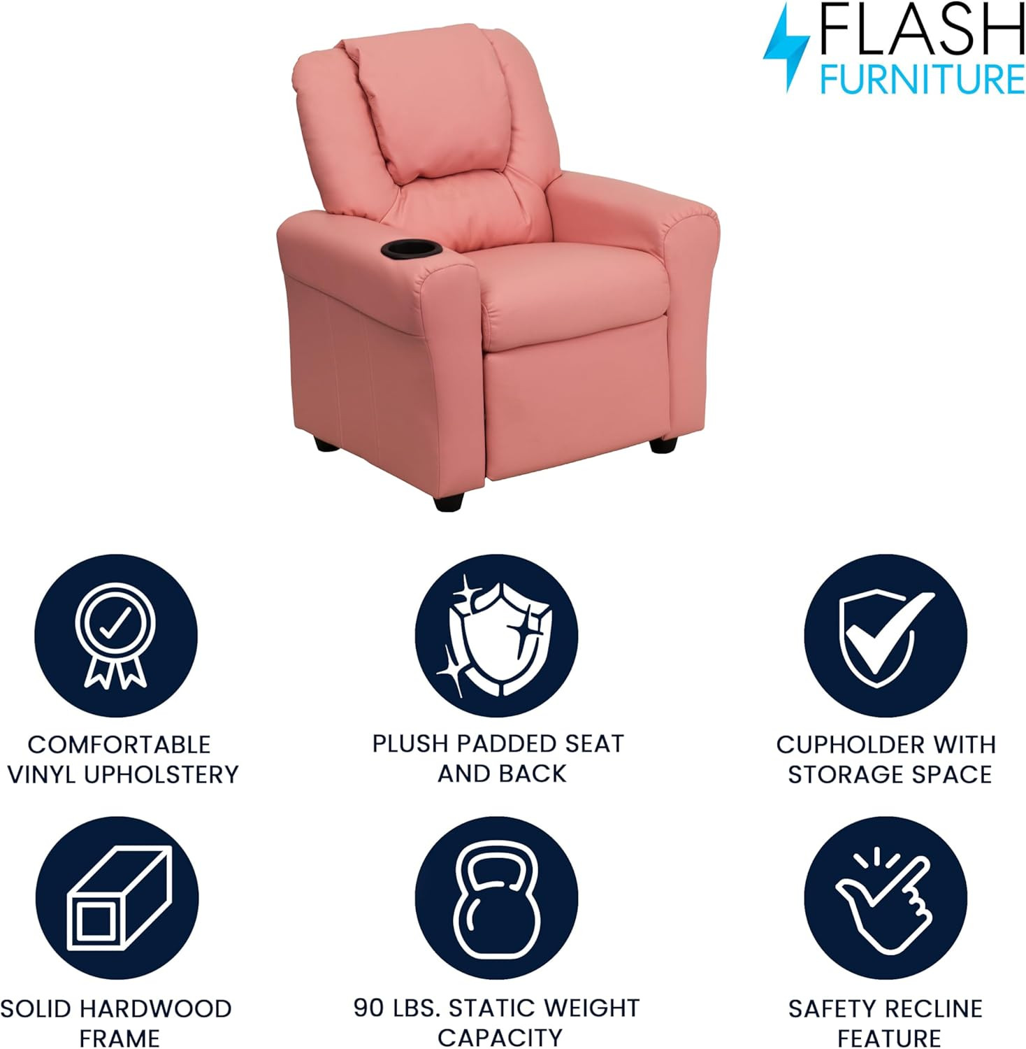 Pink Kids Recliner Chair with Cup Holder & Safety Recline, Supports 90 lbs