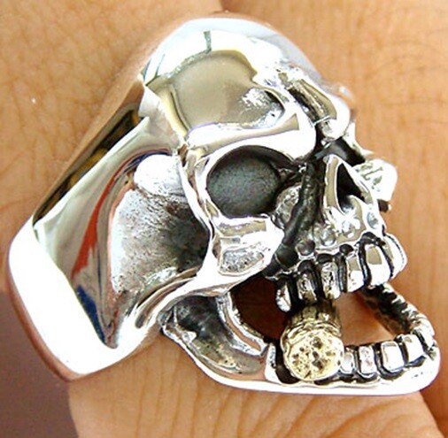 GOLD CIGAR SKULL SOLID 925 STERLING SILVER BAND RING