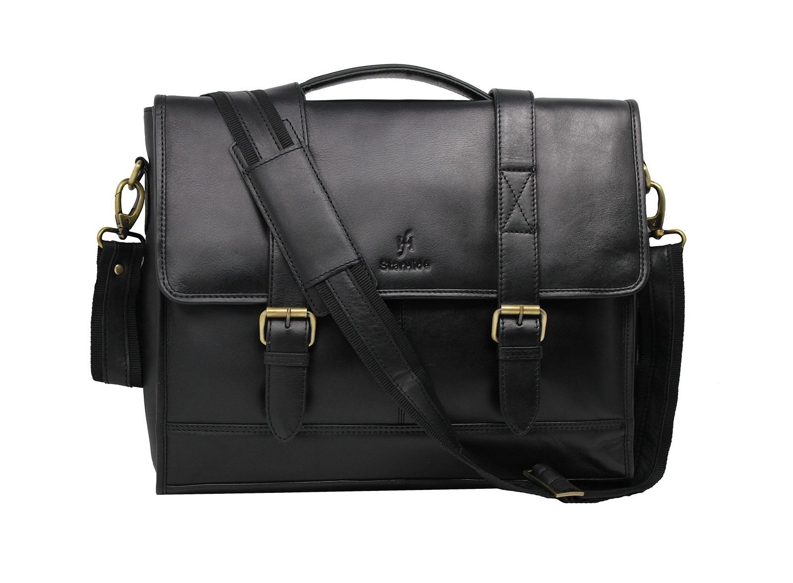 StarHide Real Leather 15.5 Inch Laptop Travel Black Crossbody Shoulder Bag 525