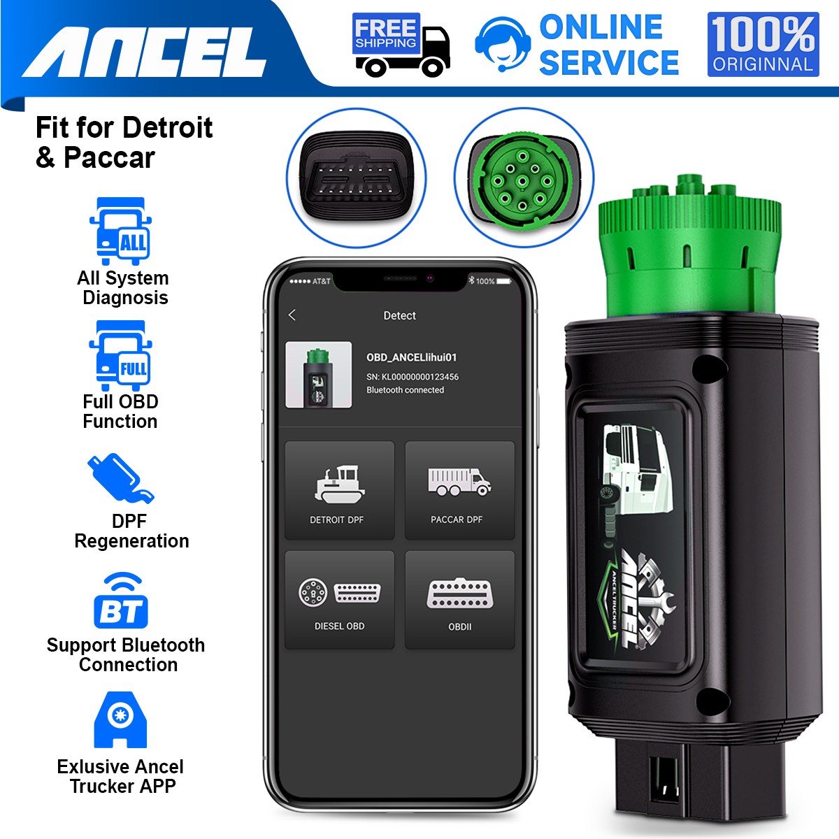 ANCEL HD110 OBD2 Scanner  BT Diesel Heavy Duty Truck DPF Regen Diagnostic Tool