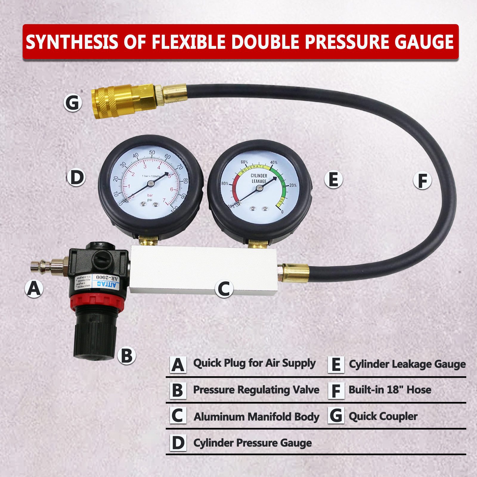 Cylinder Leak Down Tester Kit Engine Compression Test Leakage Detector Tool Set