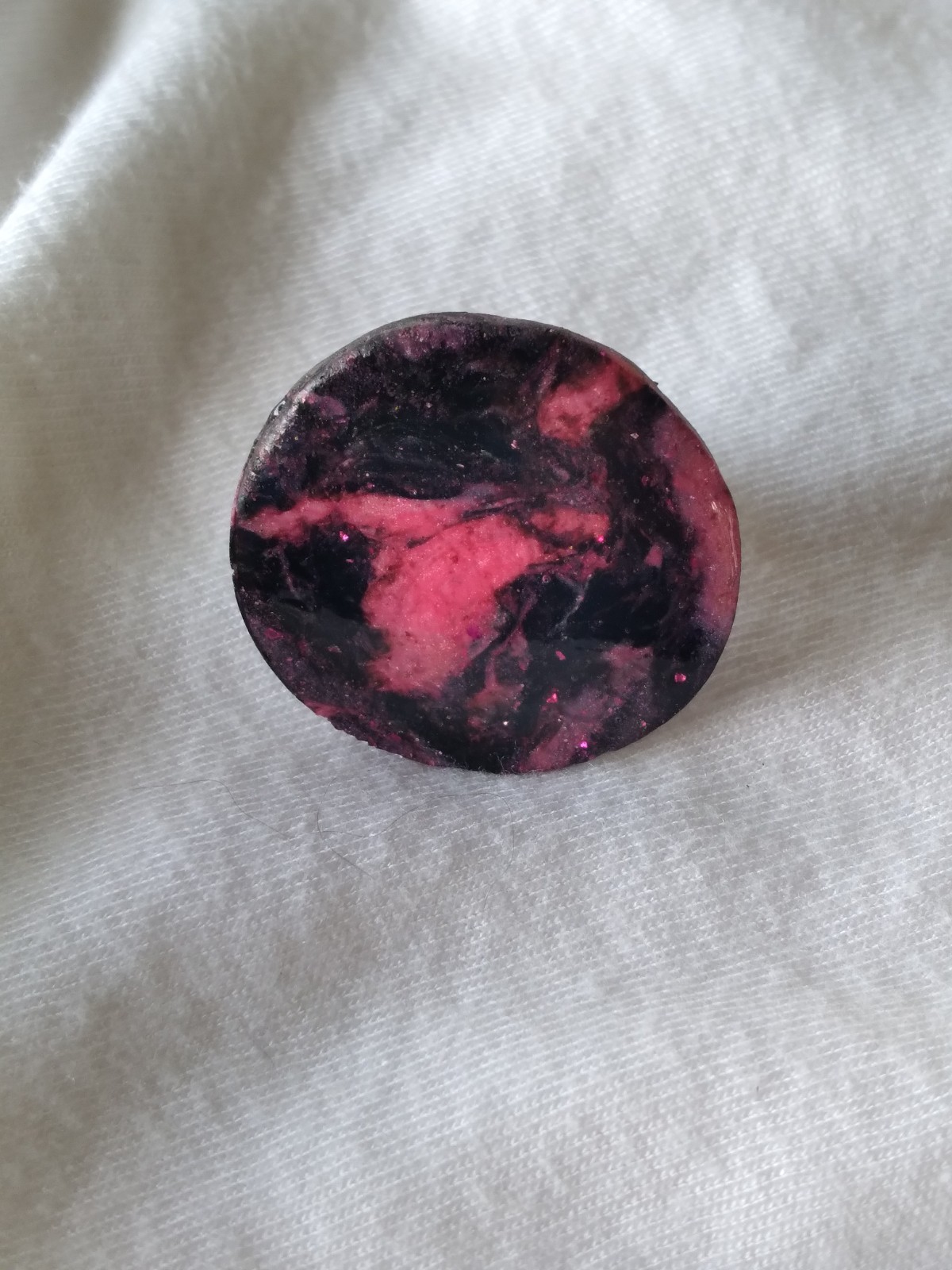 Handcrafted Silver Adjustable Polymer Clay Ring Round Pink Black Marbled