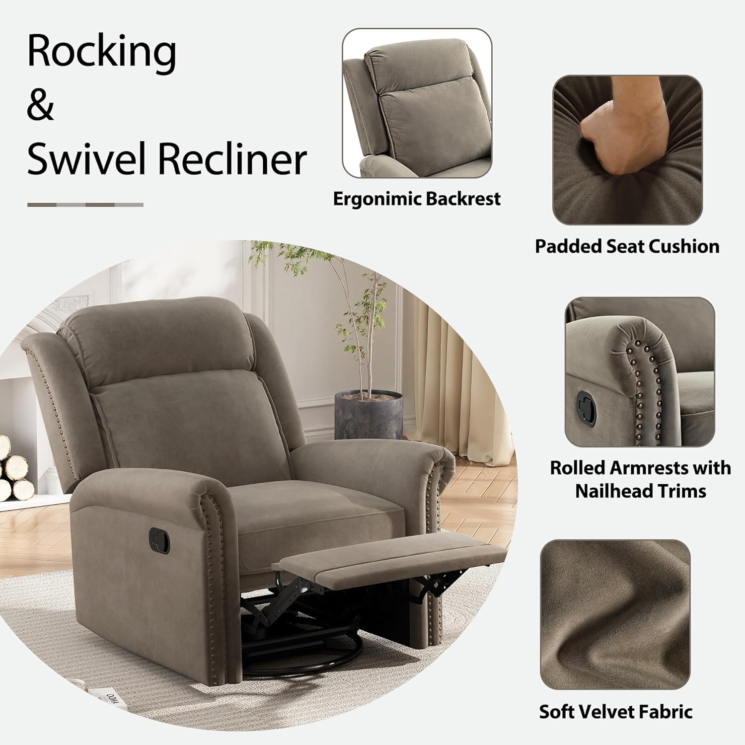 Light Brown Velvet Swivel Recliner with Adjustable Backrest & Nailhead Trim
