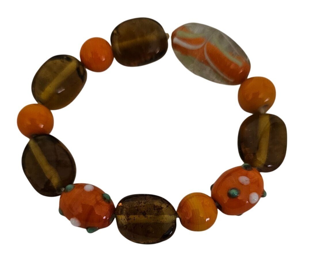Glass Bead Stretch Bracelet Multicolor Orange Brown Handmade Fits Average Wrist