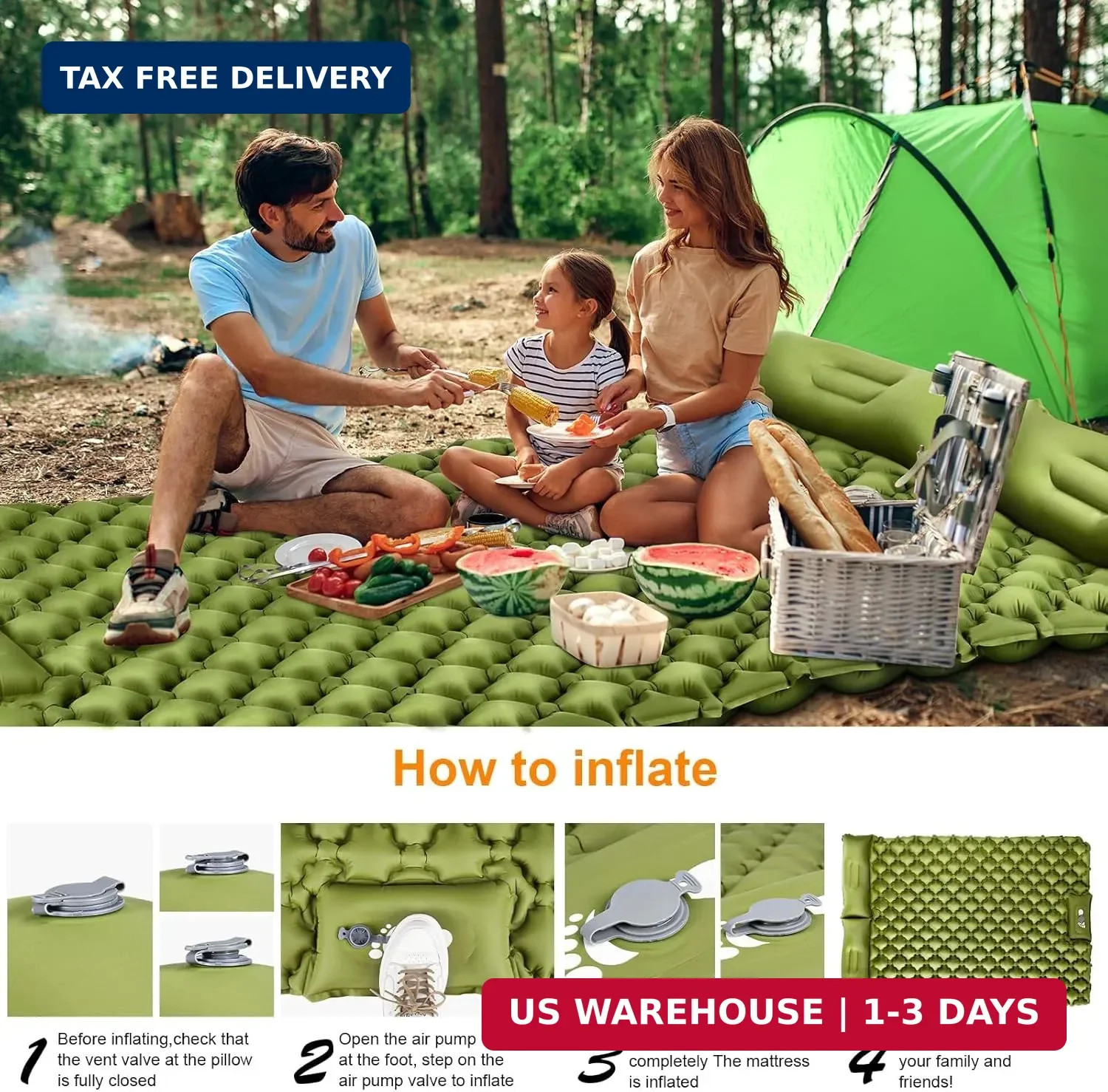 Double Sleeping Pad, Ultralight 4" Extra-Thick Self Inflating Sleeping Mat for 2