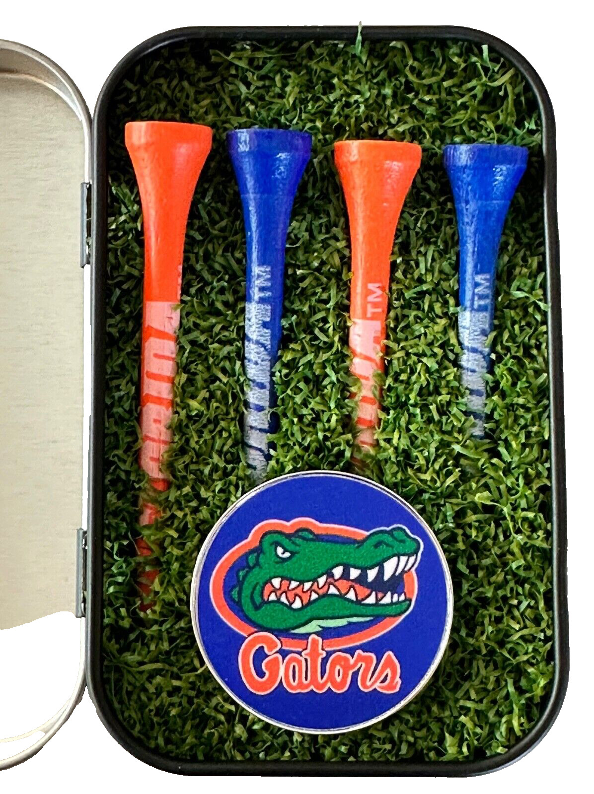 Gators.. Golf Ball Marker in Gift Tin with 4 Gator Tees... Gift Box