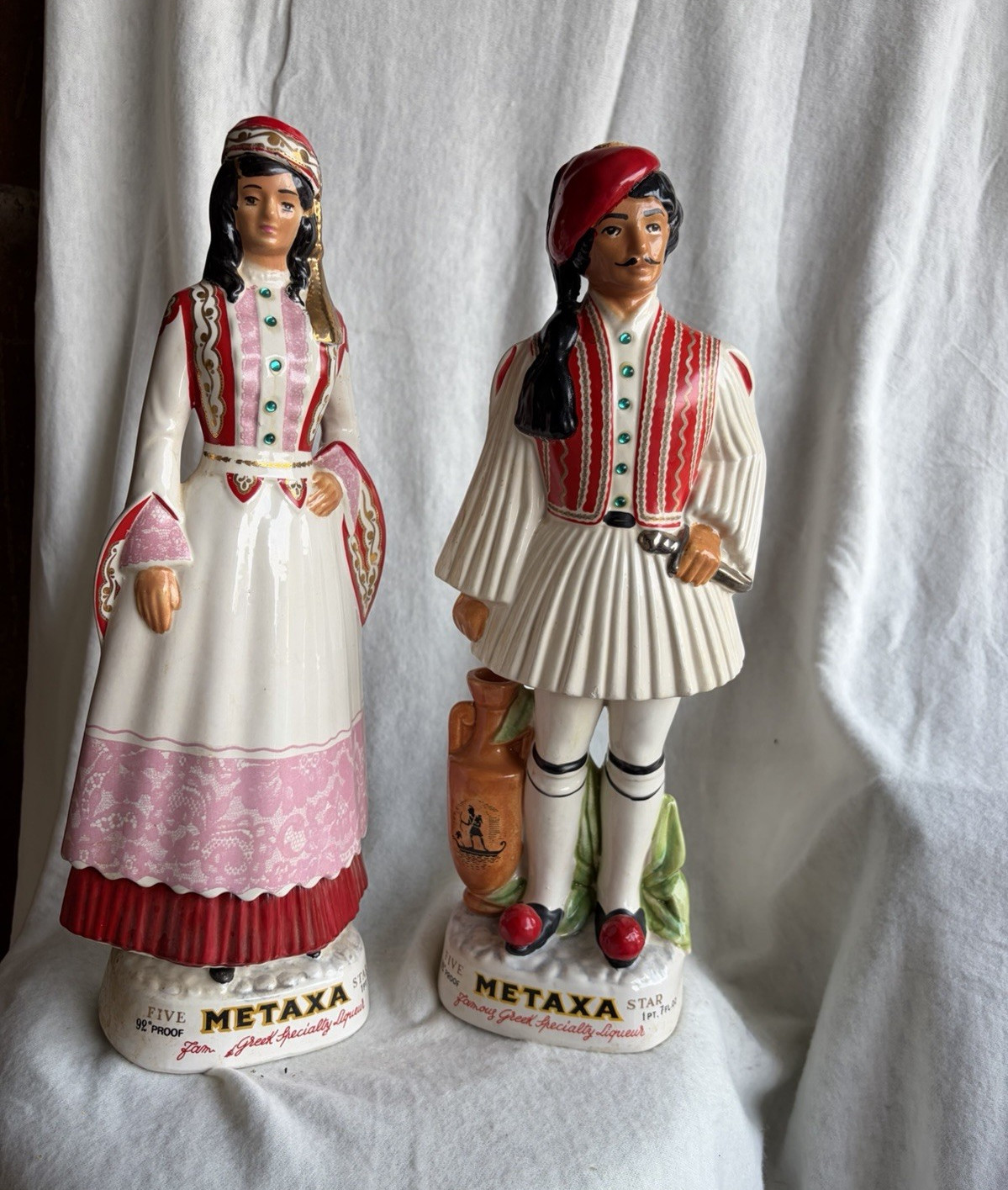 Metaxa Five Star Set of 2 Figural Ceramic Greek Costume Liquor Bottles
