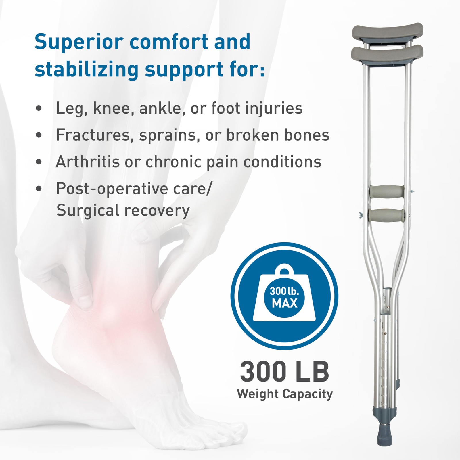 Aluminum Crutches, Medium (Pair) - Adjustable Height (5'2" - 5'10"), Lightwei...