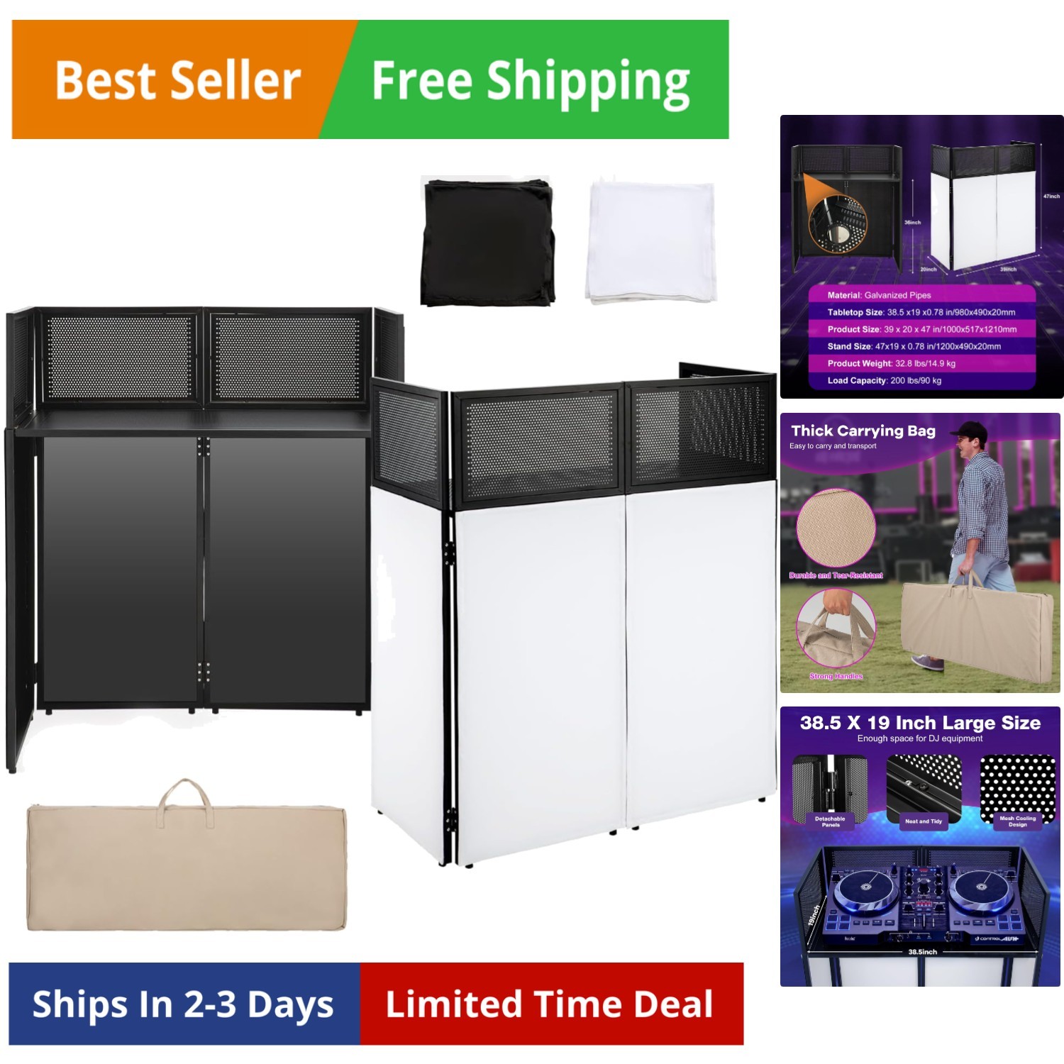 Portable DJ Booth Facade Stand | Foldable DJ Table with 38.5"x19" Surface & C...