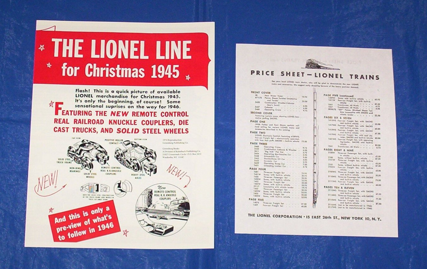 1945 INSERT for Greenberg's LIONEL CATALOGS BOOK Vol 4 & 1946 Train Price List