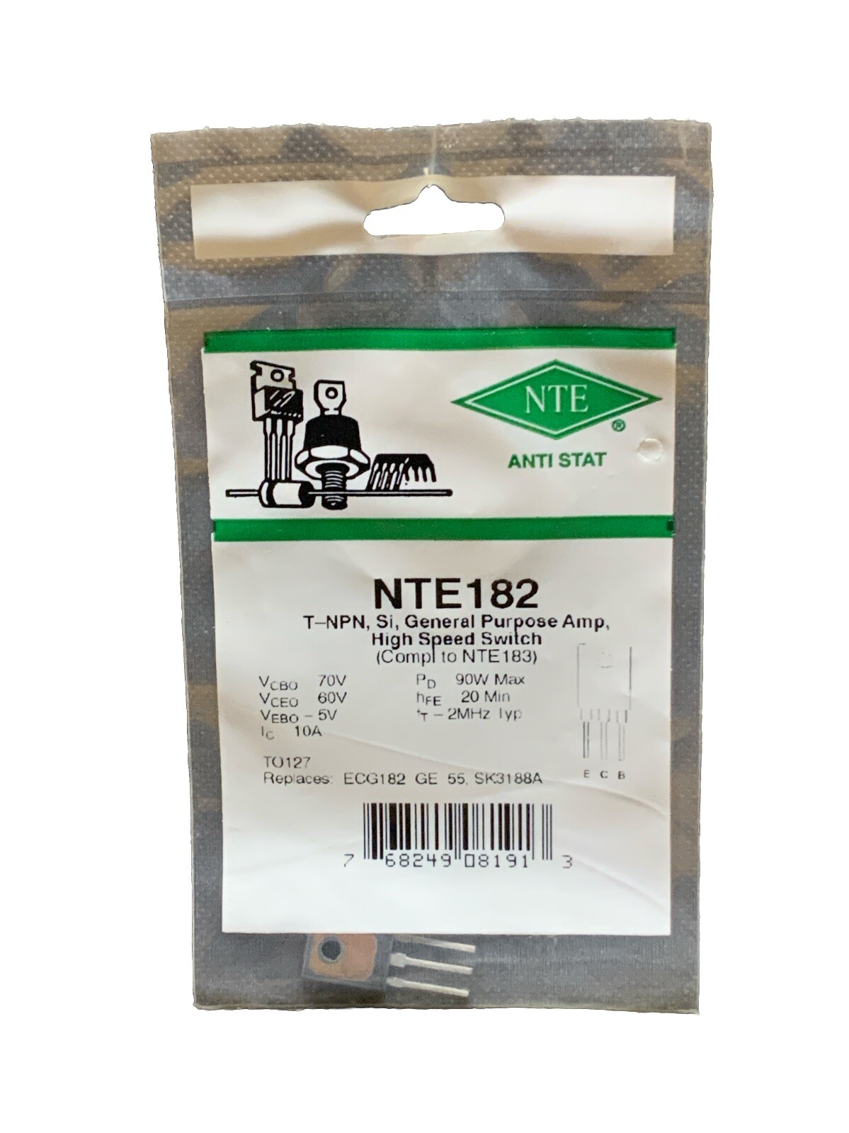 NTE182 T-NPN, Si, General Purpose Amp, High Speed Switch (Compl NTE183) ECG182