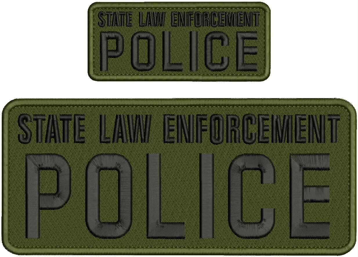 STATE LAW E POLICE EMBROIDERY PATCH 4X10 AND 2X5 HOOK  ON BACK BLACK ON OD GREEN
