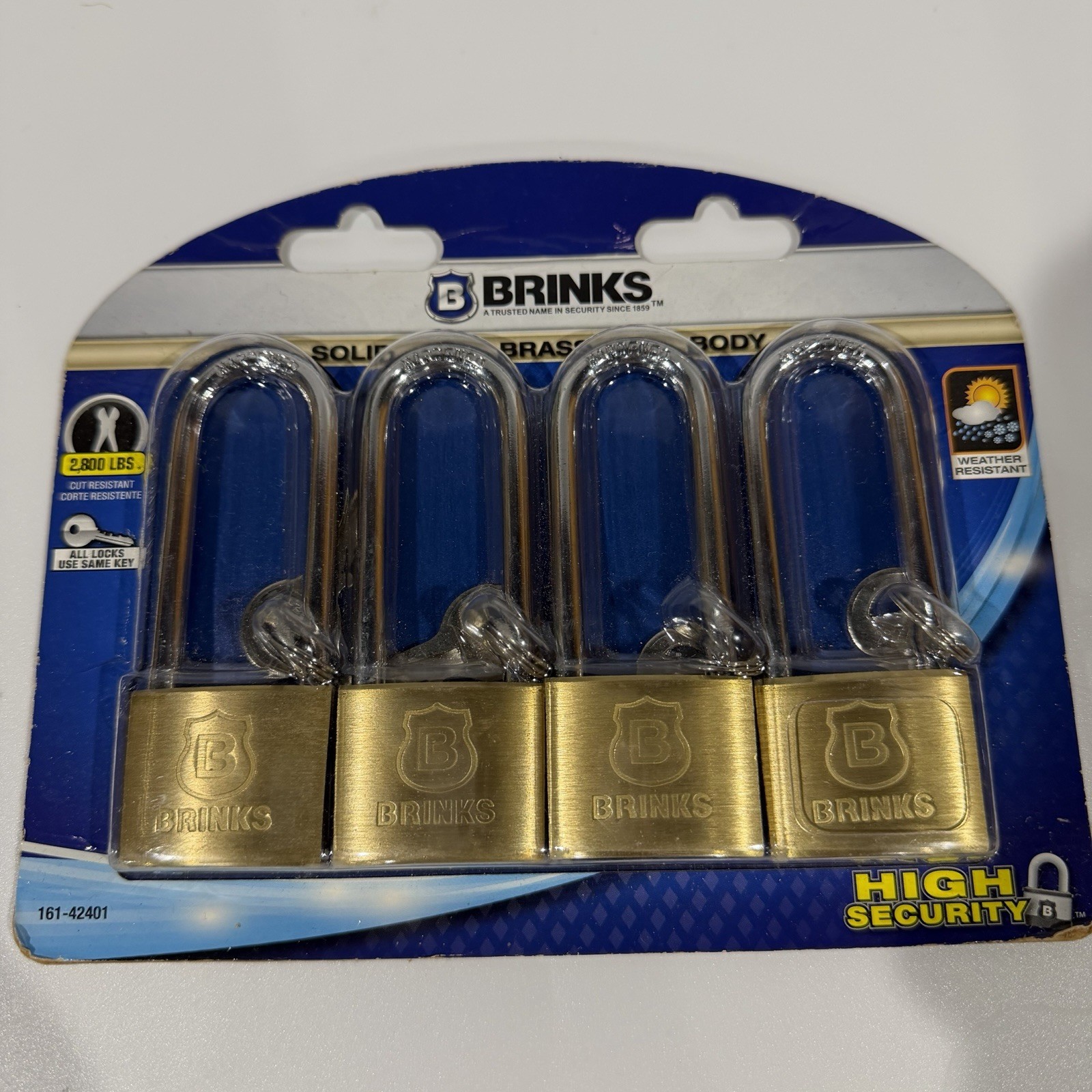 Brinks 4 Pack Solid Brass Padlock, 40mm Body with 2-1/2 inch Shackle Keyed Alike