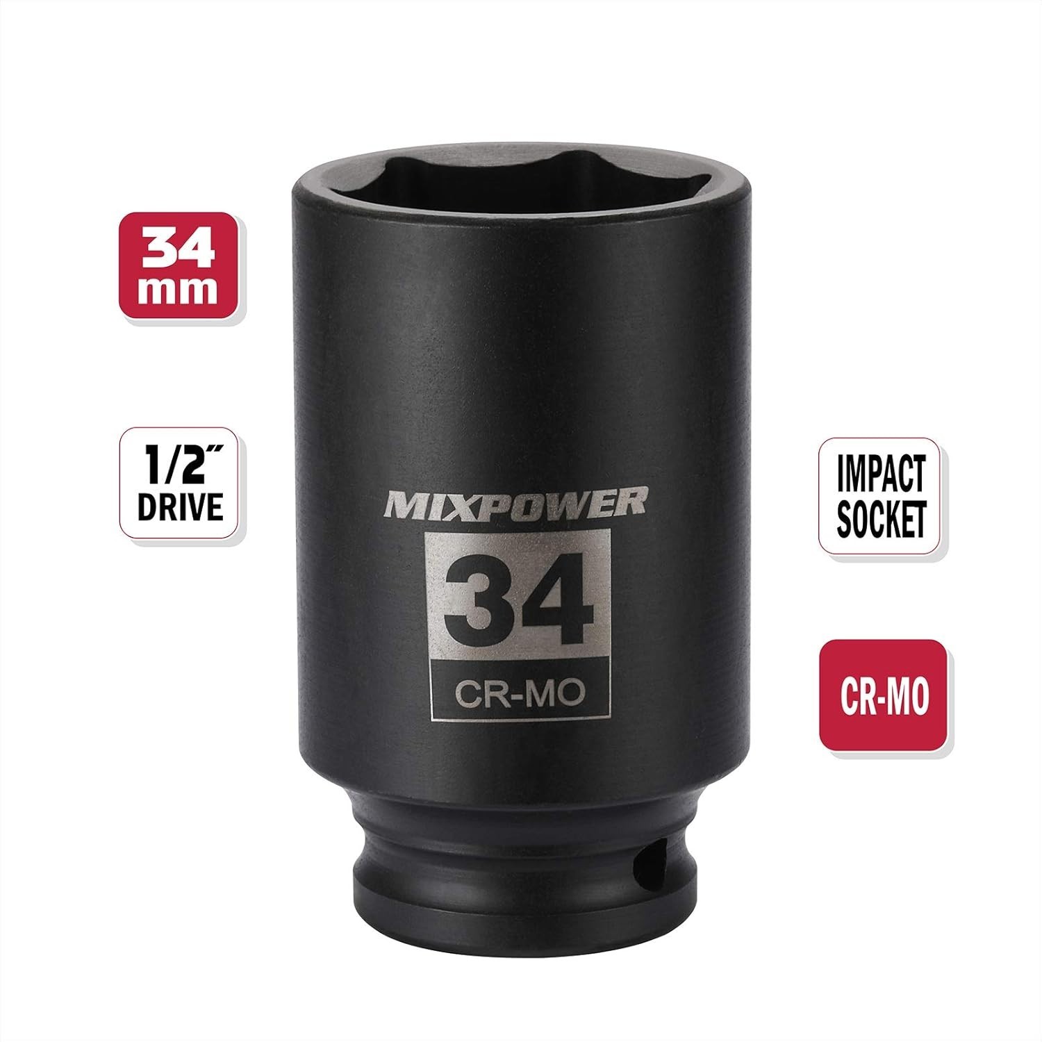 1/2" Drive Deep Impact Socket, CR-MO, 34 mm, METRIC, 6 Point, Axle Nut Impact...
