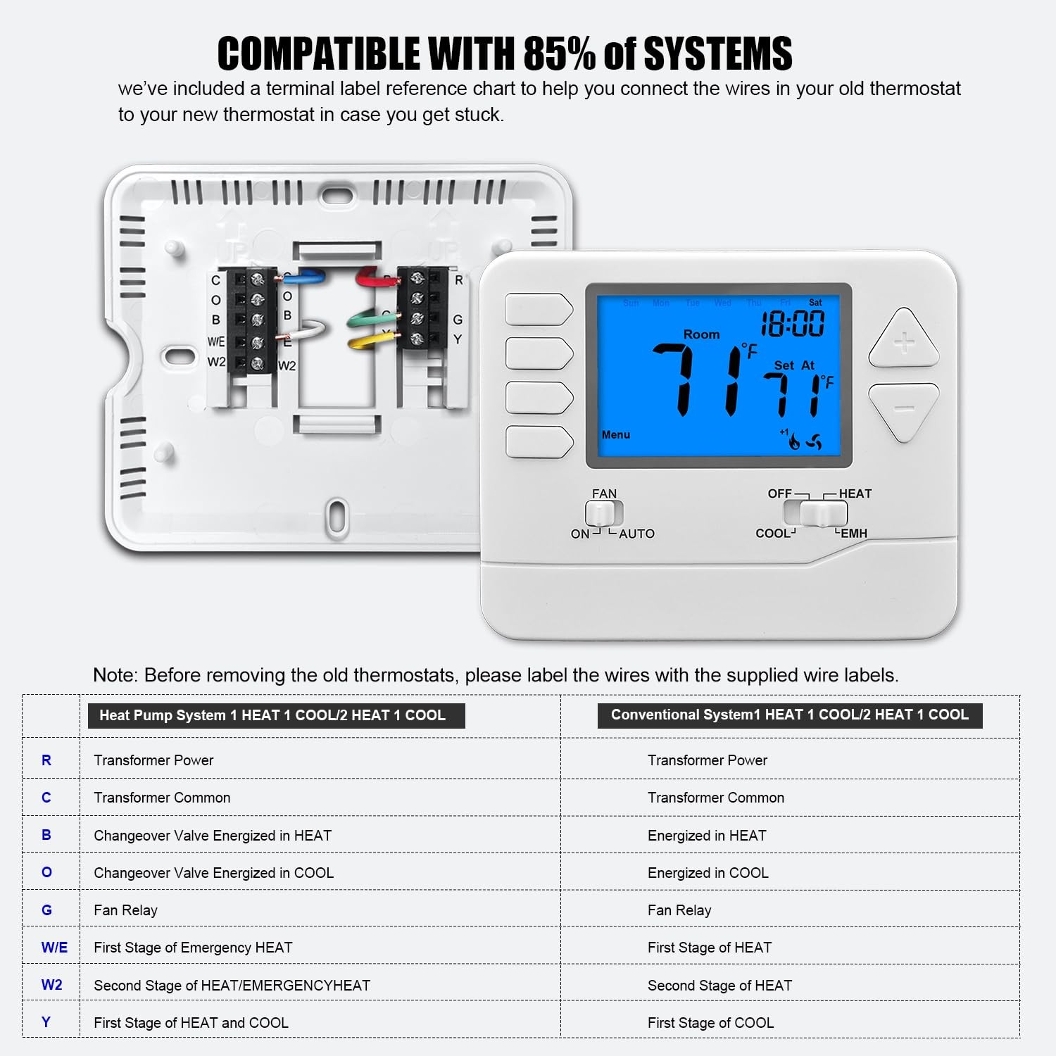 Suuwer Non-Programmable Heat Pump Thermostat for Off-white ( Blue Backlight )