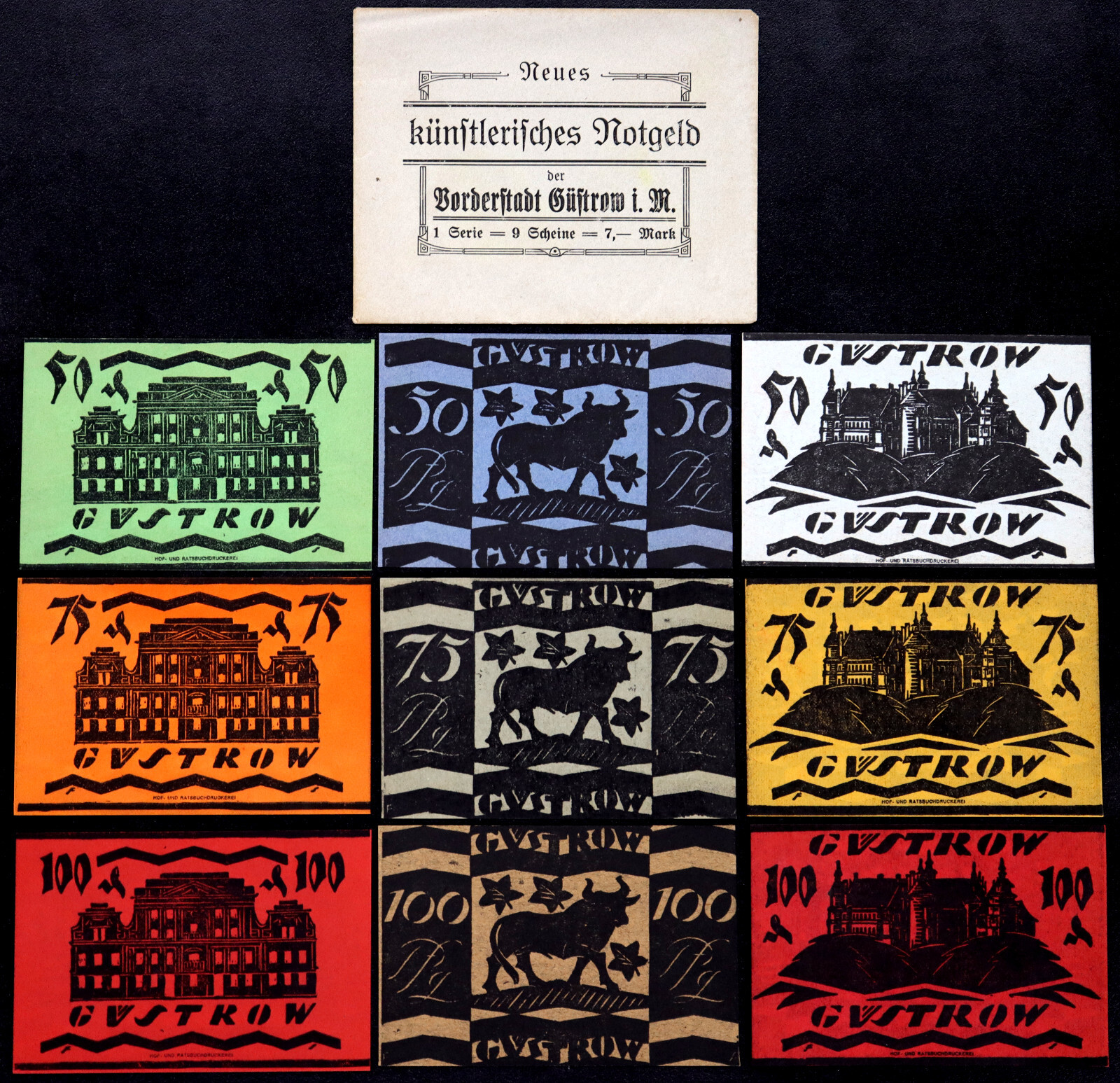 GÜSTROW 1922 XX-RARE ENVELOPE! "Cattle & Castles" Complete Series German Notgeld