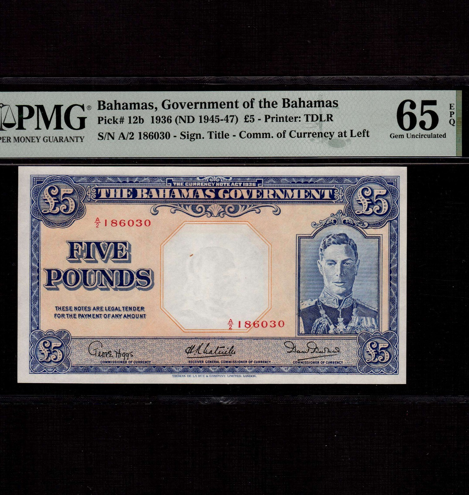 Bahamas 5 Pounds 1936 P-12b * PMG Gem Unc 65 EPQ * King George *