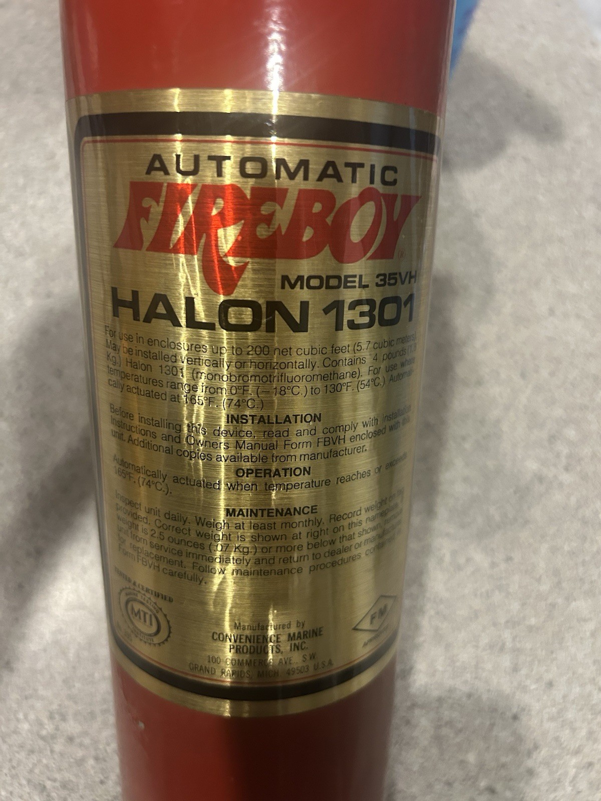 Automatic Fireboy 35VH Marine Fire Extinguisher. Spec Weight