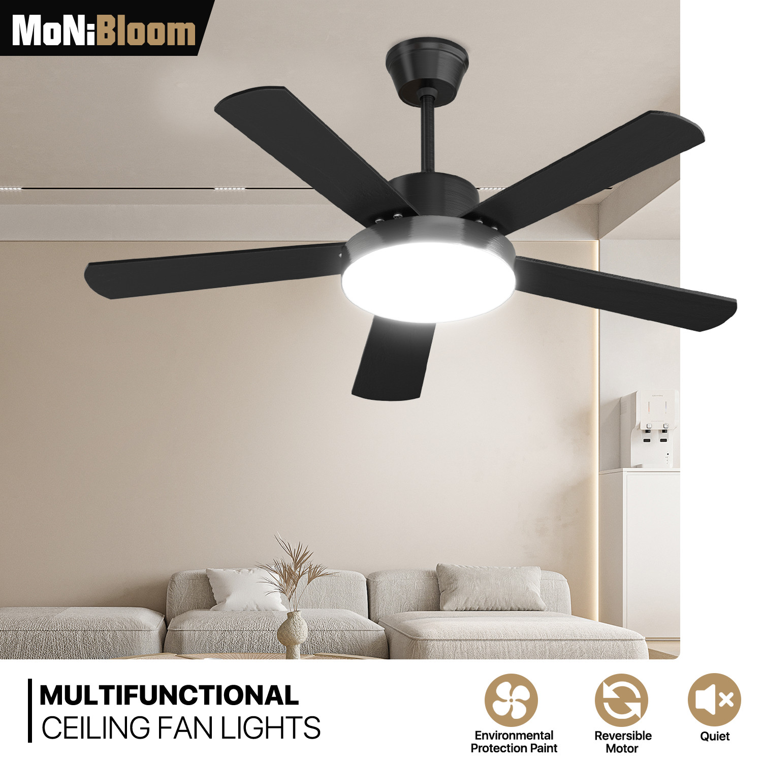 52" Black LED Ceiling Fan 3 Color Temperatures Indoor 6 Speed Light Fan w/Remote