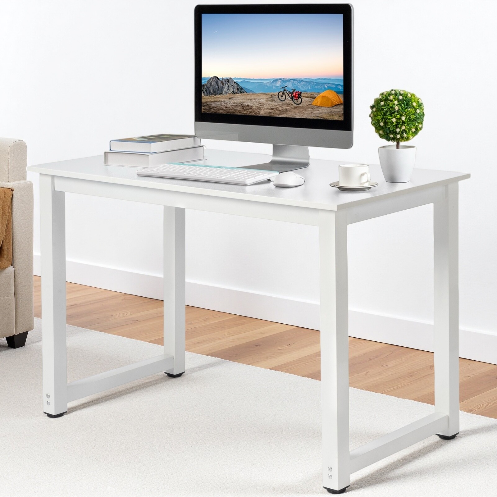 Simple Computer Desk - Portable, White, Steel White Frame & Adjustable Foot Pad