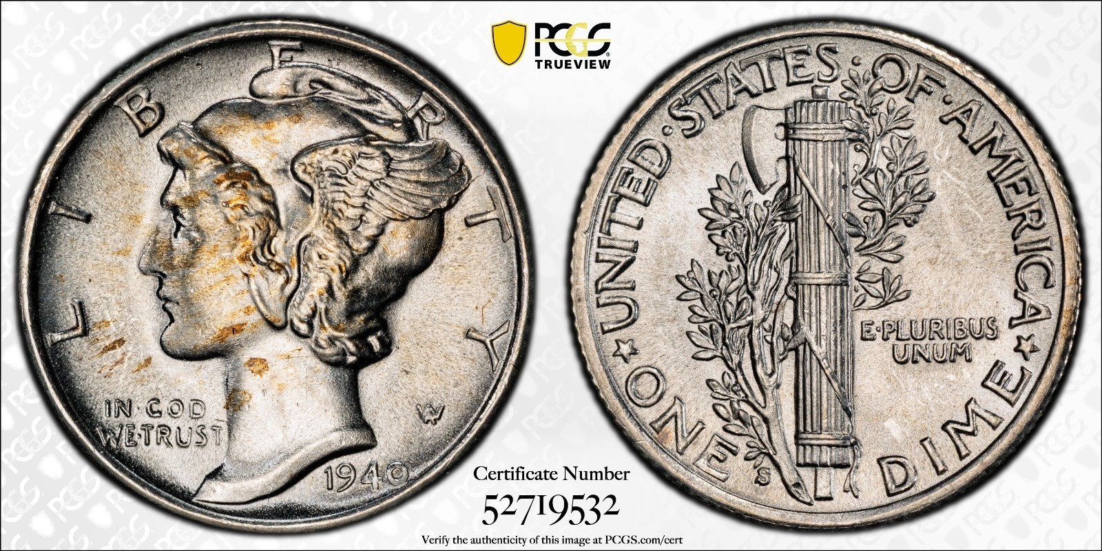 MS66FB 1940-S 10C Mercury Silver Dime, PCGS Trueview- Lightly Toned, Lustrous!