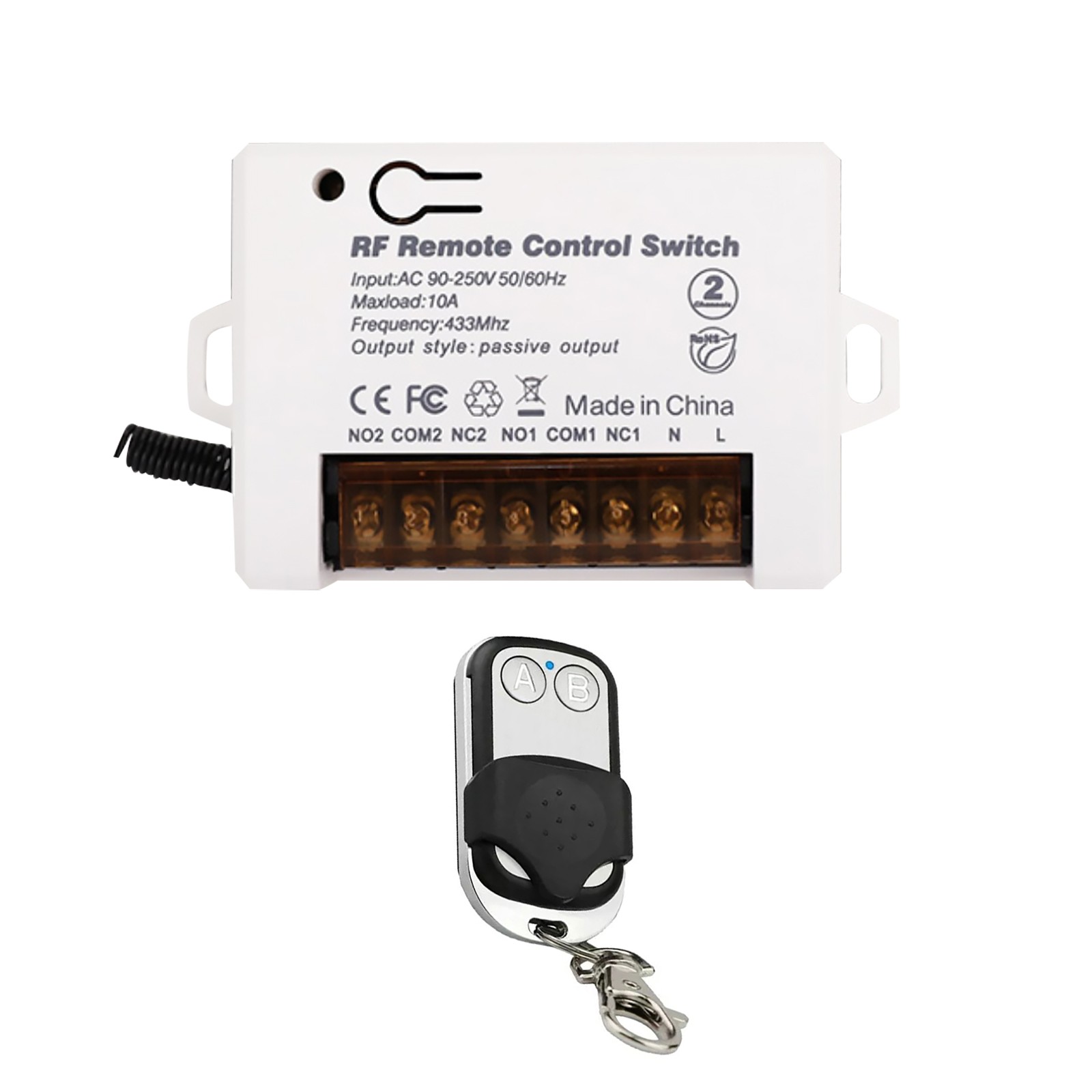 2Ch Relay Receiver Wireless Remote Control Switch for Garage/Gate 110V 220V.