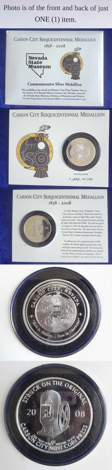 2008 Carson City Sesquicentennial Medallion 1 Oz .999 Silver Round #356 Of 2500
