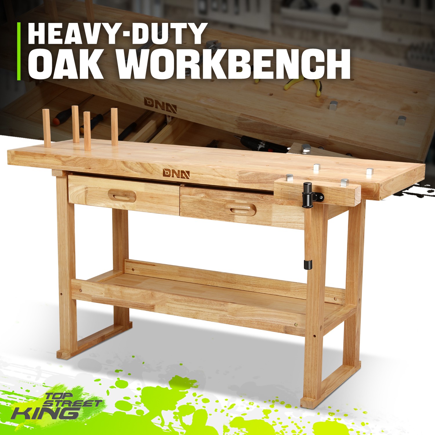 Solid Oak Wood Workbench Work Desk w/ 2 Drawers + Open Space + Adjustable Handle
