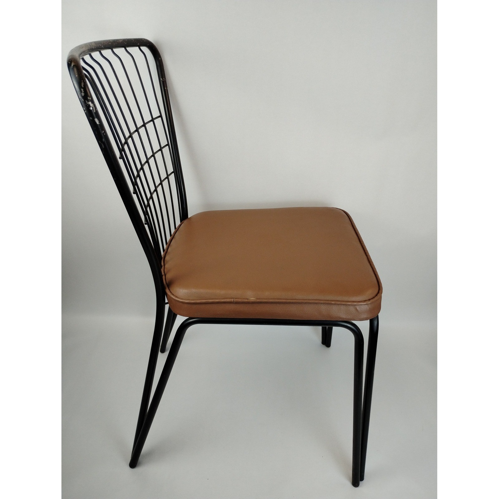 Daystrom 1970s Wrought Iron Wire Mesh Dining Chair Tan Vinyl Seat