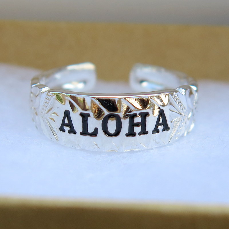 Hawaiian 925K Sterling Silver Aloha Scrolling Toe Ring Black Enamel TR1106