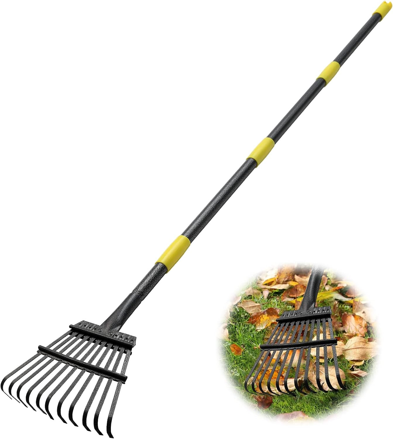 Rake,60 Inch Heavy Duty Small Garden Rake 11 Metal Tines -8.5 Inch Wide, Adjusta