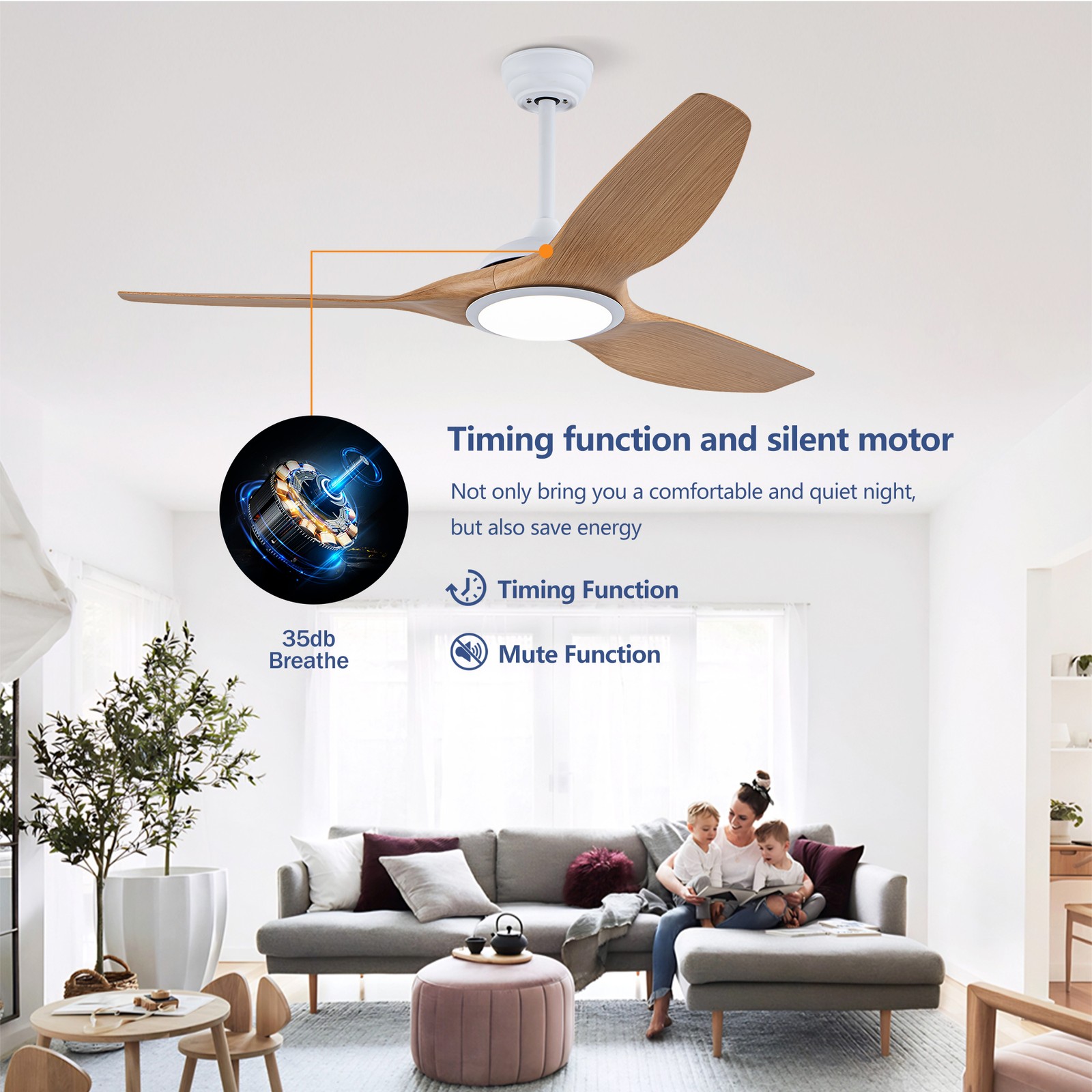 52 Inch ABS Blades Ceiling Fan With Light Kit ( LED Light Source),DC 6 Speed