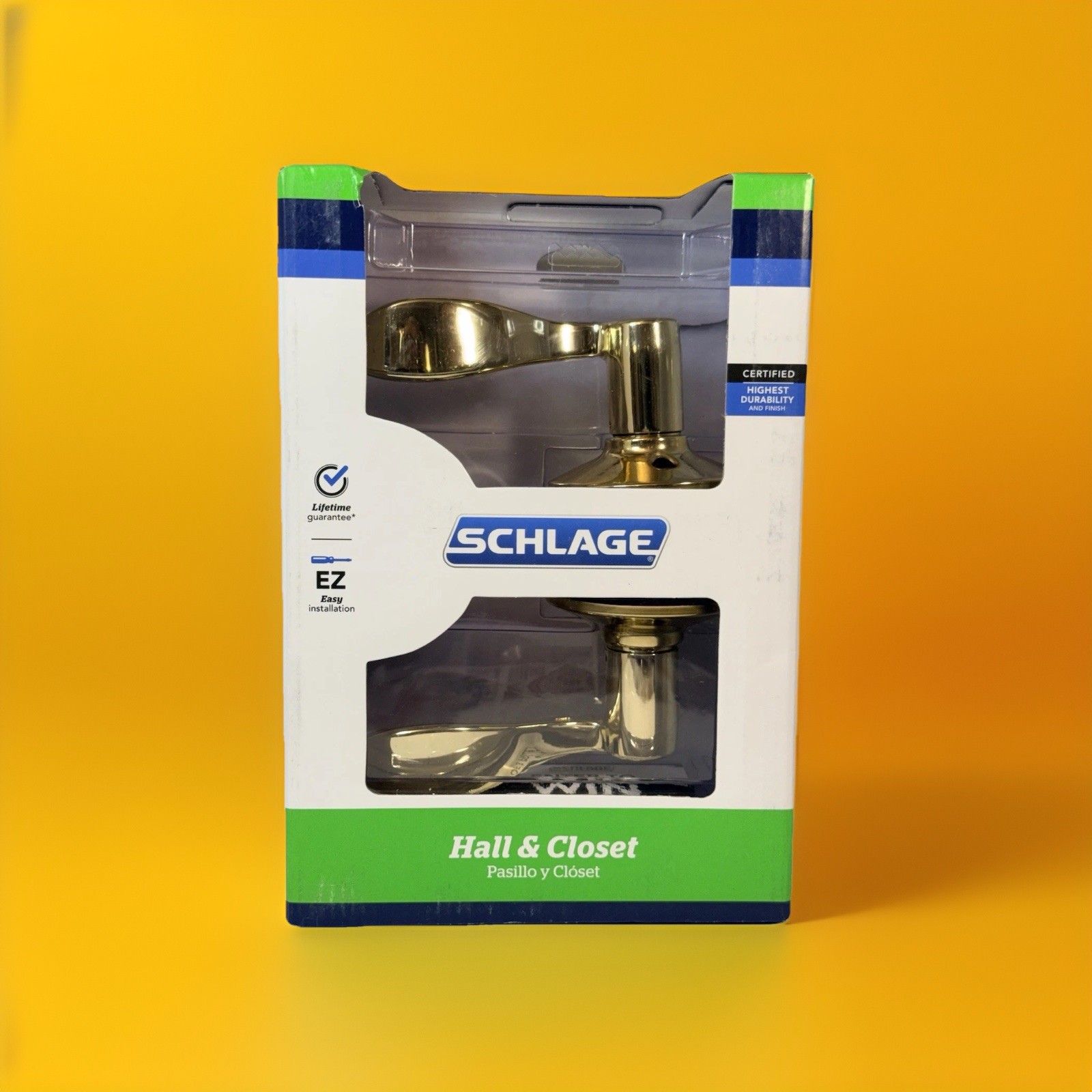 Schlage Bright Brass Accent Lever Door Knob  -  Hall & Closet F10 V ACC 605