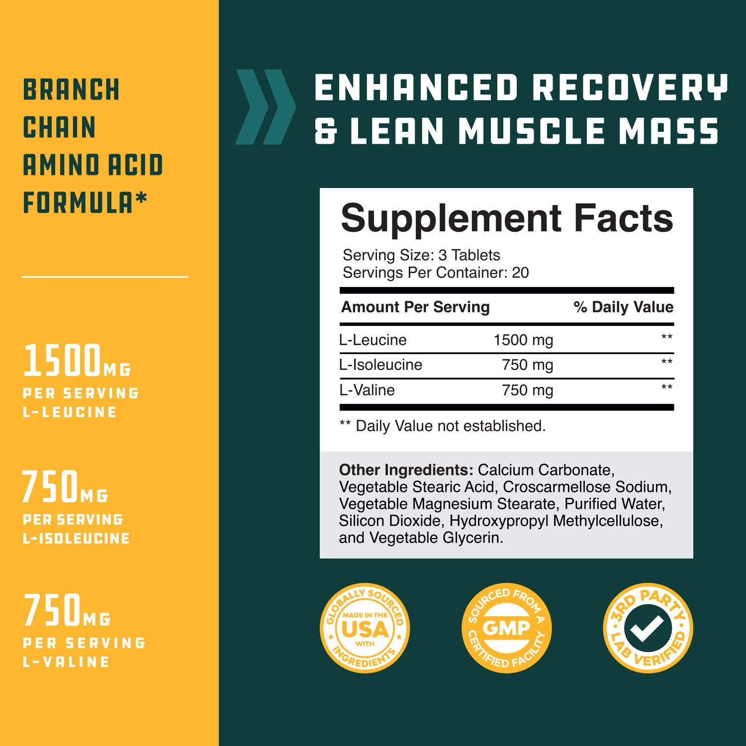 Branch Chain Amino Acids Supplement - Vegan BCAA Capsules Post Workout Muscle