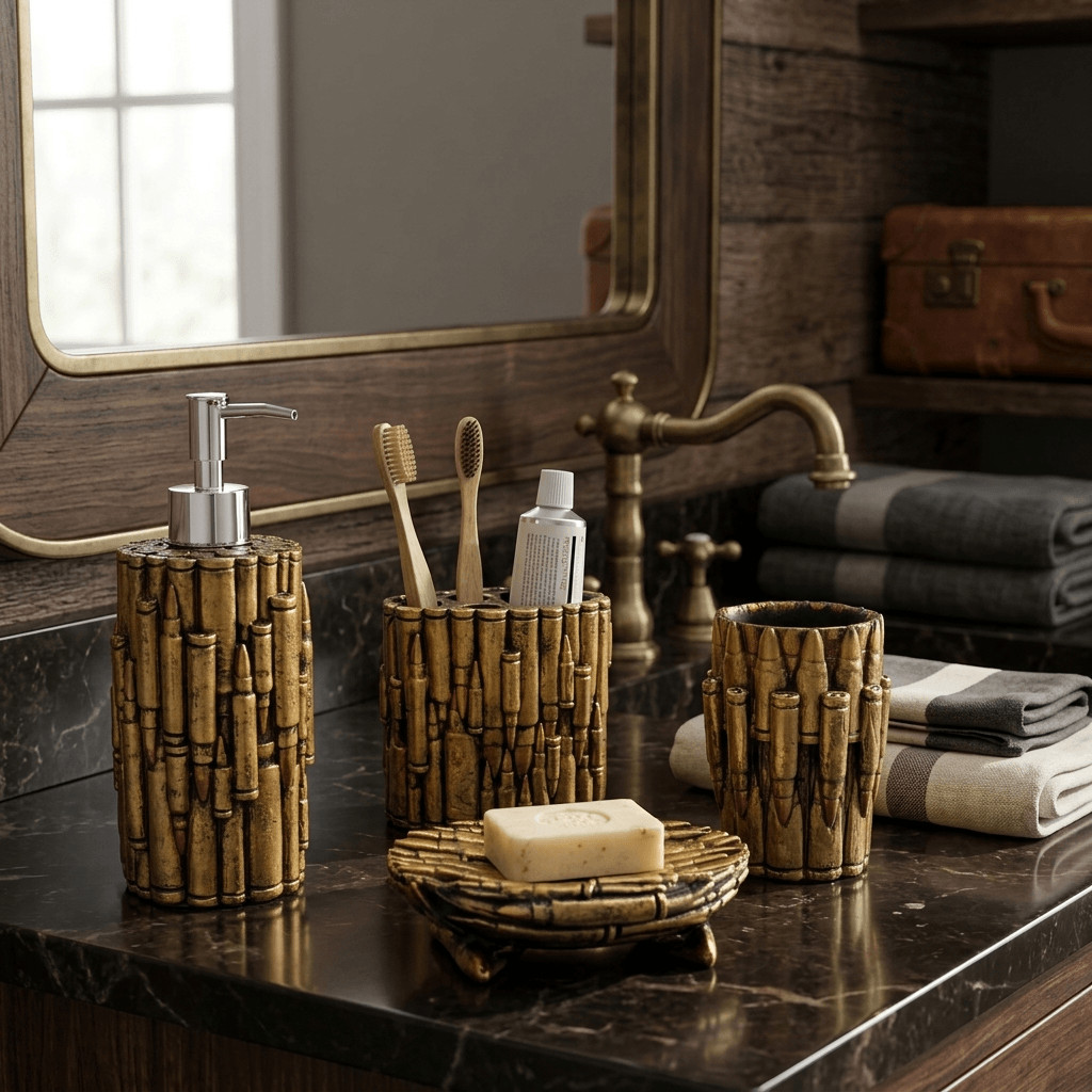 Bullets 4 Pc Bathroom Accessory Set Soap Pump & Dish, Tumbler, Toothbrush Holder