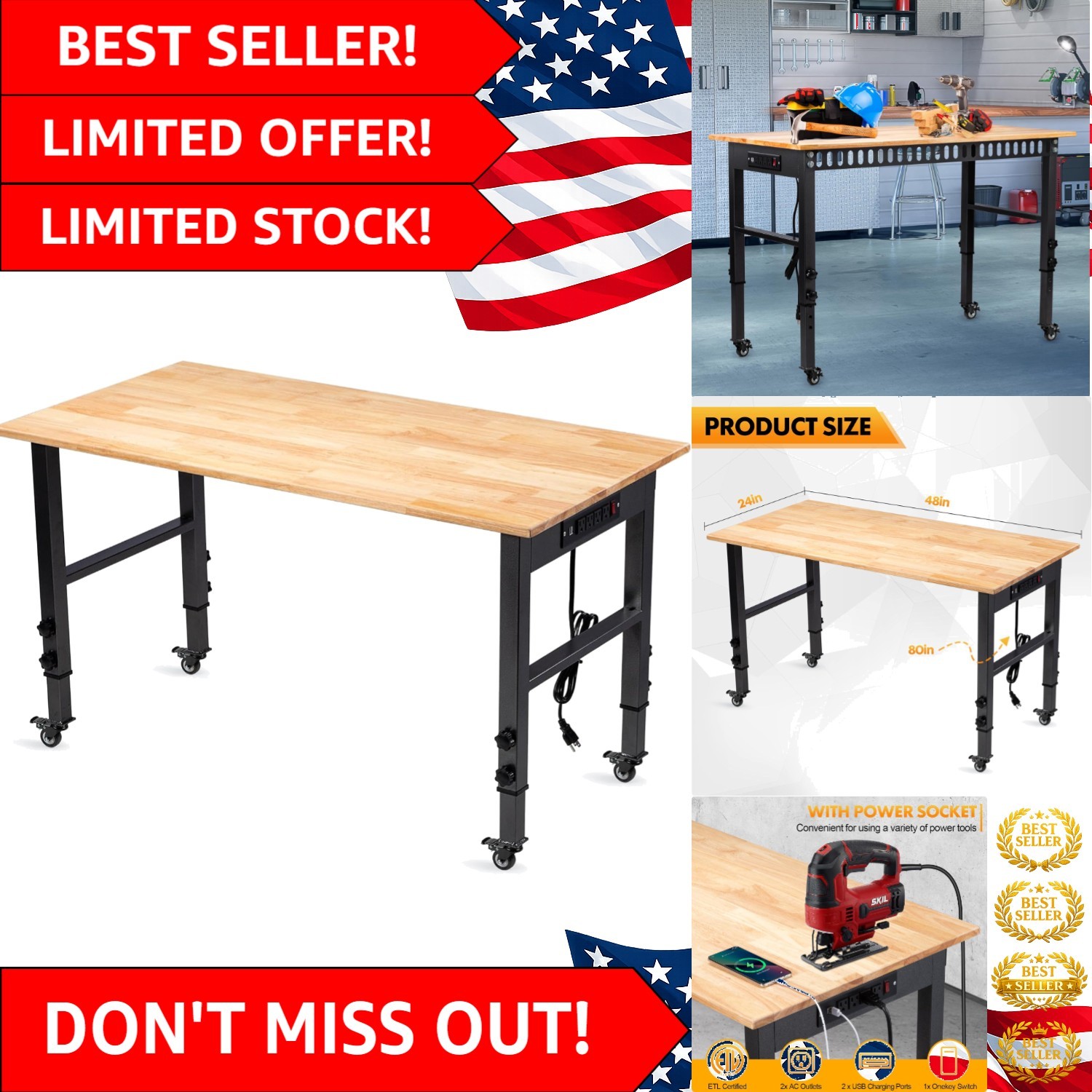 48" Rubber Wood Top Workbench - Adjustable Height & 2000 lbs Load Capacity
